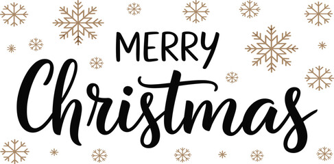 Merry Christmas typography with black cursive script and golden snowflake background for winter holiday © Sume