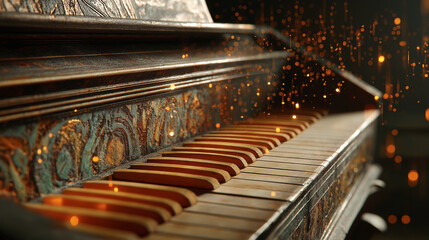 AI generator images of  The keys of a piano or keyboard have golden musical notes floating above the instrument. The piano is a keyboard instrument that produces sounds. Themes associated with classic