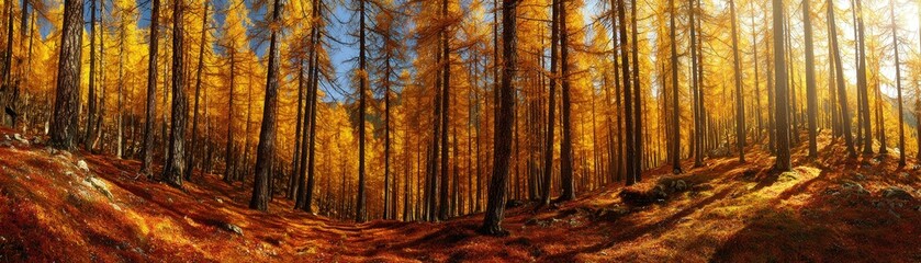 Fototapeta premium A serene forest scene with golden autumn foliage, sunlight filtering through tall trees, creating a warm and inviting atmosphere.