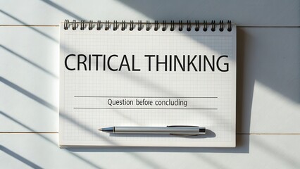 Critical Thinking Concept Notebook with Pen and Shadows on Desk for Inspiring Thoughtful Analysis and Reflection