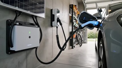 Modern home features wall mounted solar energy storage battery system with connected inverter and ch 4K 10s - Powered by Adobe