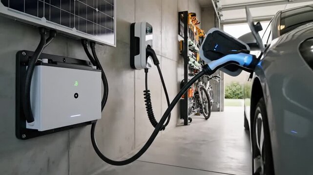 Modern home features wall mounted solar energy storage battery system with connected inverter and ch 4K 10s