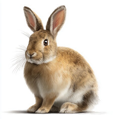 Obraz premium A lifelike illustration of a brown and white rabbit, seated calmly with soft fur, long ears, and expressive eyes. Ideal for pet, nature, or children's content, conveying gentleness, curiosity