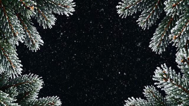 Frosty fir tree branches frame a dark background with falling snow, perfect for a winter holiday greeting card or banner design