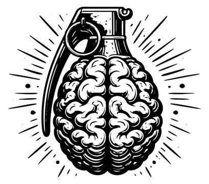 Hand drawn line art illustration of a brain grenade depicting intelligent strategy for creative thinking