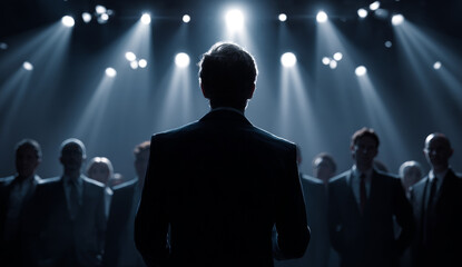 Confident male leader in formal suit addressing an audience during a presentation or speech on stage with bright overhead lights