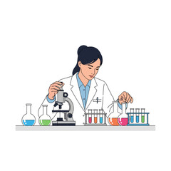 Female scientist working in laboratory with microscope and colorful test tubes