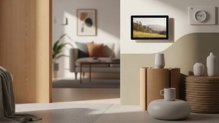 Smart home interface tablet mounted wall modern interior living room automation control background