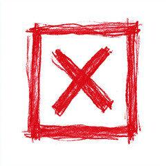 A bold red X painted with rough strokes sits within a roughly drawn square frame, conveying error, cancellation, or warning. The gritty texture suggests urgency and negative feedback.