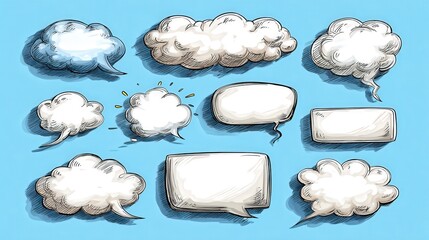 Set of blank speech bubbles in various shapes for cartoon design and communication concepts in clear blue background