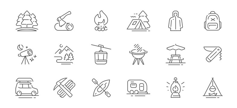 Camping and hiking concept. Outdoor activities set of icons in line style. Summer camp linear symbols collection