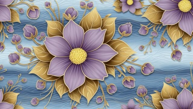 A seamless floral pattern features stylized purple and gold flowers with detailed petals and a wavy blue background creating an elegant design