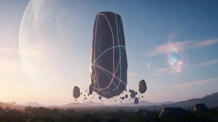 A futuristic monolithic structure with glowing lines floats above an alien landscape under a celestial sky.
