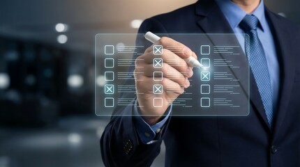 a businessman in a dark suit is interacting with a transparent digital checklist using a white stylus indicating completed tasks and a modern