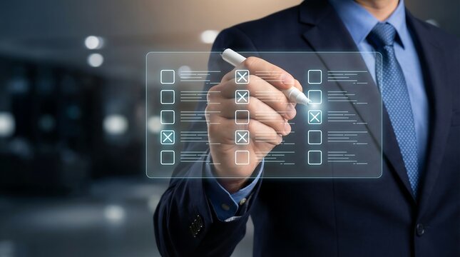 a businessman in a dark suit is interacting with a transparent digital checklist using a white stylus indicating completed tasks and a modern - Powered by Adobe