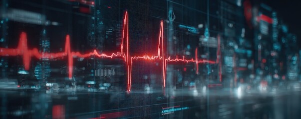 A digital heartbeat monitor displays a red ECG waveform against a dark, futuristic background, symbolizing health and technology.