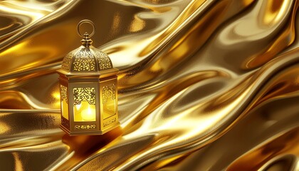 Golden Lantern on Luxurious Shimmering Fabric Background
