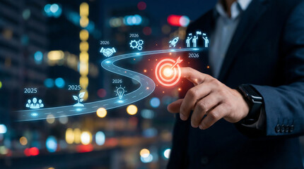 a businessman interacts with a glowing digital pathway representing future growth targeting a specific point with a vibrant red bullseye in a city