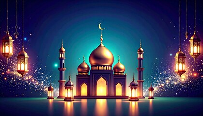 Illuminated Mosque with Crescent Moon and Hanging Lanterns at Night