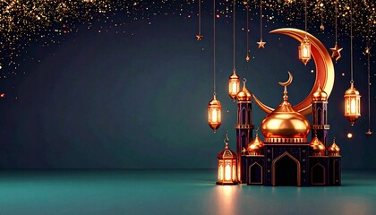 Elegant Ramadan lanterns and mosque with crescent moon on teal background