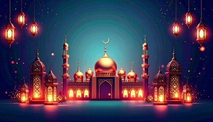 Illuminated Mosque with Lanterns at Night in Festive Atmosphere