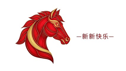 Chinese New Year Red Horse Head Illustration with Happy New Year Text.