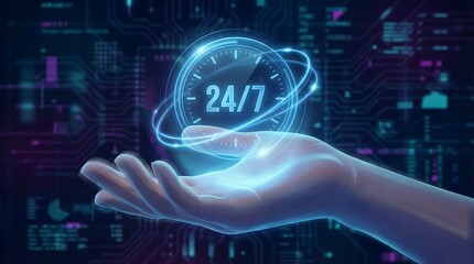 a glowing digital clock displaying 24 7 is held in a robotic hand against a backdrop of complex circuit board patterns and futuristic