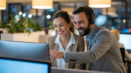 a smiling man and woman are collaborating closely while looking at a computer screen in a modern office setting assisting each other