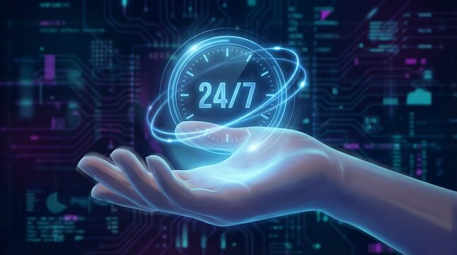 a glowing digital clock displaying 24 7 is held in a robotic hand against a backdrop of complex circuit board patterns and futuristic - Powered by Adobe
