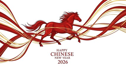 Happy Chinese New Year 2026 with Red Horse and Wavy Ribbons.