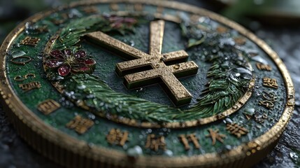 High quality 3D render showing a Japanese Yen symbol on a green coin with detailed design elements and textures