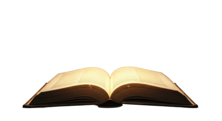 Antique open book with worn cover, aged glowing pages, shimmering magic particles, solid black background, copy space, high-angle view, concept of ancient mystical wisdom