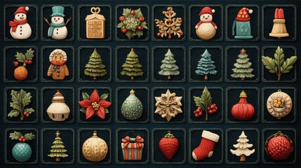 Collection of colorful retro Christmas icons showing snowmen, trees, ornaments, and holiday elements arranged in a grid format