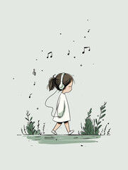 AI generator images of  A watercolor line illustration depicting a young girl happily walking and listening to music. The image conveys a feeling of relaxation and enjoyment of the music, emphasizing 