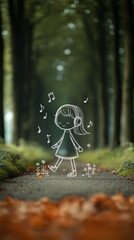 AI generator images of  A watercolor line illustration depicting a young girl happily walking and listening to music. The image conveys a feeling of relaxation and enjoyment of the music, emphasizing 