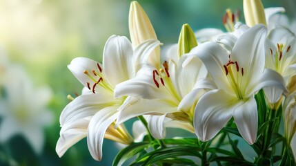 Fototapeta premium A vibrant arrangement of white lilies in soft focus, showcasing their delicate petals and lush green leaves, creating a serene and elegant atmosphere.