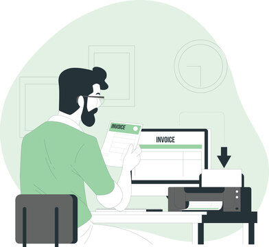 Man printing invoice at office desk with computer and printer