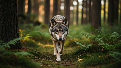 Wolf walking on forest path towards camera.