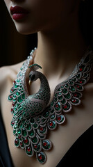 AI generator images of Necklace , peacock necklace adorned with green and blue gemstones made from diamonds, emeralds, jade and zircons.