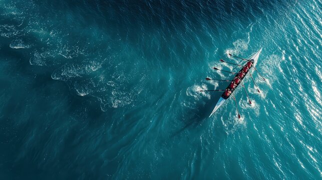 Women's rowing team practices on blue water, captured from above during sunny weather