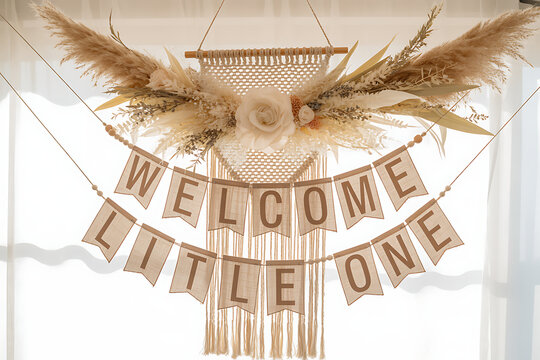 Welcome little one banner with floral decoration and pompous grass