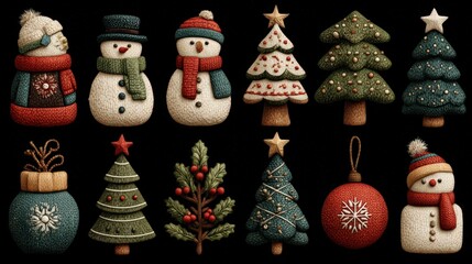Collection of colorful retro Christmas icons showing snowmen, trees, ornaments, and holiday elements arranged in a grid format