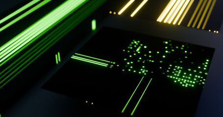 Futuristic microchip with glowing green neon circuits
