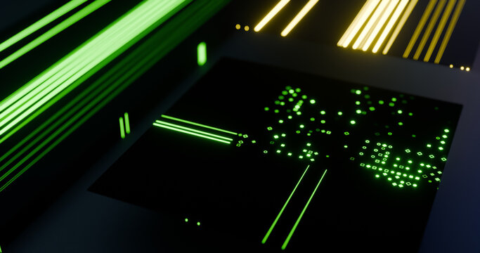 Futuristic microchip with glowing green neon circuits - Powered by Adobe