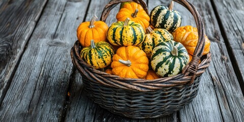 Basket of small, striped pumpkins on a rustic wooden table.