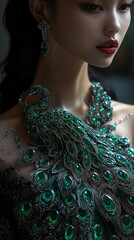 AI generator images of Necklace , peacock necklace adorned with green and blue gemstones made from diamonds, emeralds, jade and zircons.