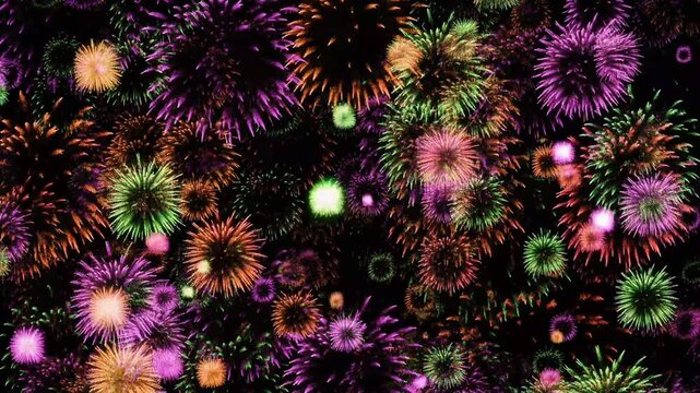 Colorful abstract fireworks exploding in a night sky with blurred effects