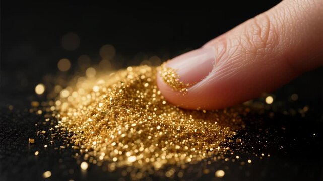 Gold mining. Golden glitter fingertip shines with industrial sparkle close up macro showing gold shine and festive bright glitter effect black surface