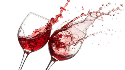 Two wine glasses splashing red wine together in dynamic motion
