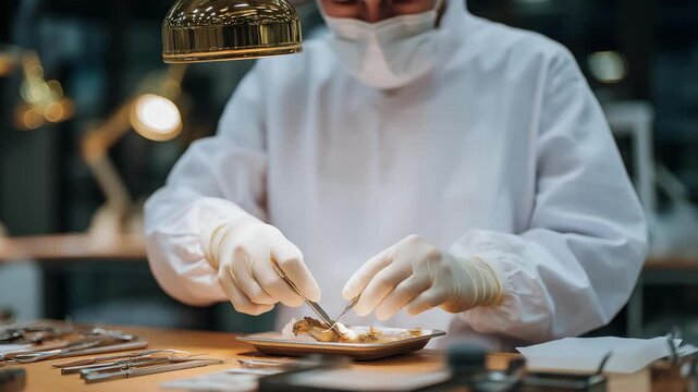 A dental assistant snapping into sterile gloves before organizing sterilized instruments on a tray, overhead lamp casting a focused beam over the workspace &mdash; dental hygiene, procedural preparation,